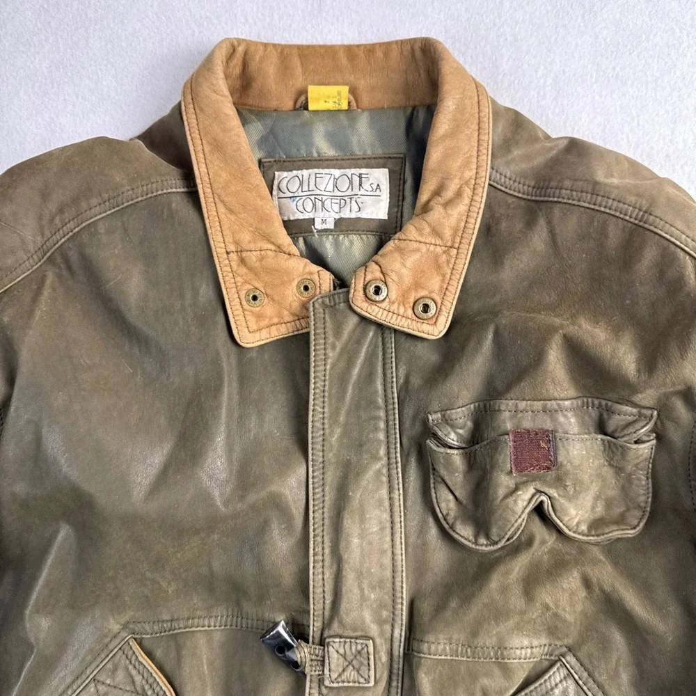 Collezione Concepts‎ Vintage Mens Leather Parka Jacket Olive Green Toggle Size M